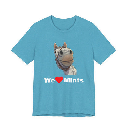 An aqua short-sleeve t-shirt featuring a graphic of a horse's face above the text 'We Love Mints'.