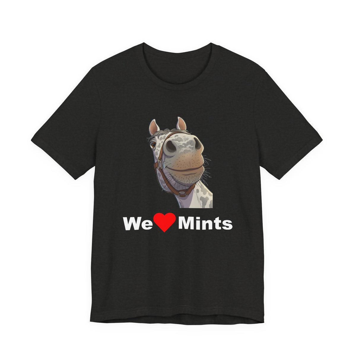 A black short-sleeve t-shirt featuring a graphic of a horse's face above the text 'We Love Mints'.