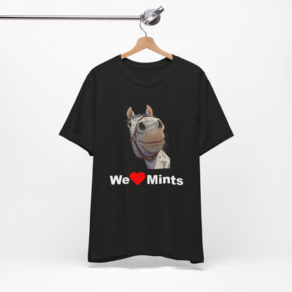 A black short-sleeve t-shirt featuring a graphic of a horse's face above the text 'We Love Mints'.