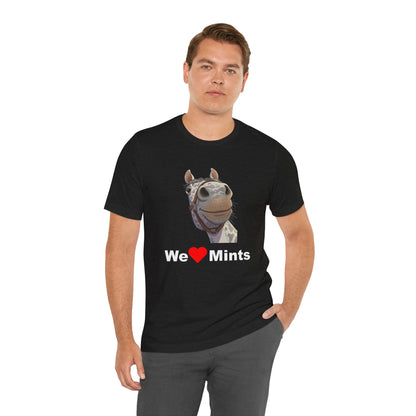 A black short-sleeve t-shirt featuring a graphic of a horse's face above the text 'We Love Mints'.