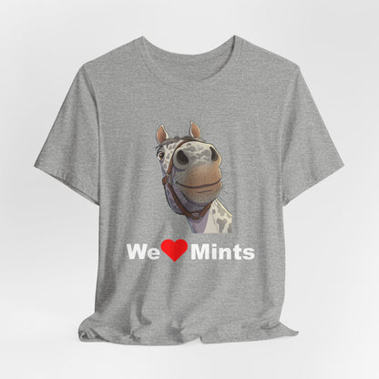 A gray short-sleeve t-shirt featuring a graphic of a horse's face above the text 'We Love Mints'.