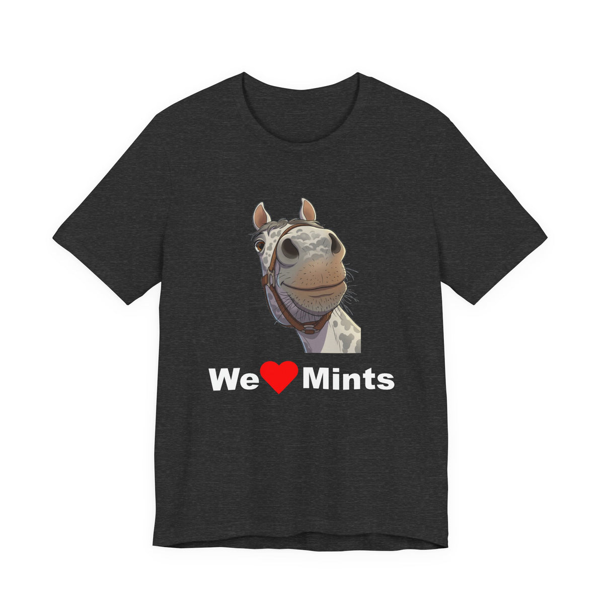 A heather gray short-sleeve t-shirt featuring a graphic of a horse's face above the text 'We Love Mints'.