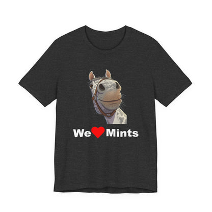 A heather gray short-sleeve t-shirt featuring a graphic of a horse's face above the text 'We Love Mints'.