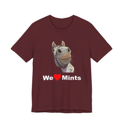 A maroon short-sleeve t-shirt featuring a graphic of a horse's face above the text 'We Love Mints'.