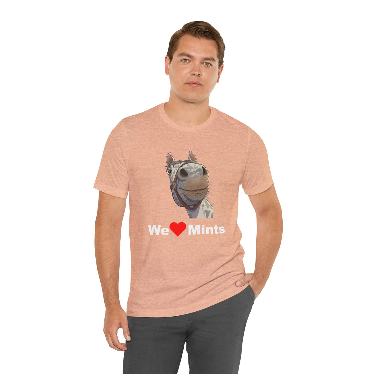 A peach short-sleeve t-shirt featuring a graphic of a horse's face above the text 'We Love Mints'.