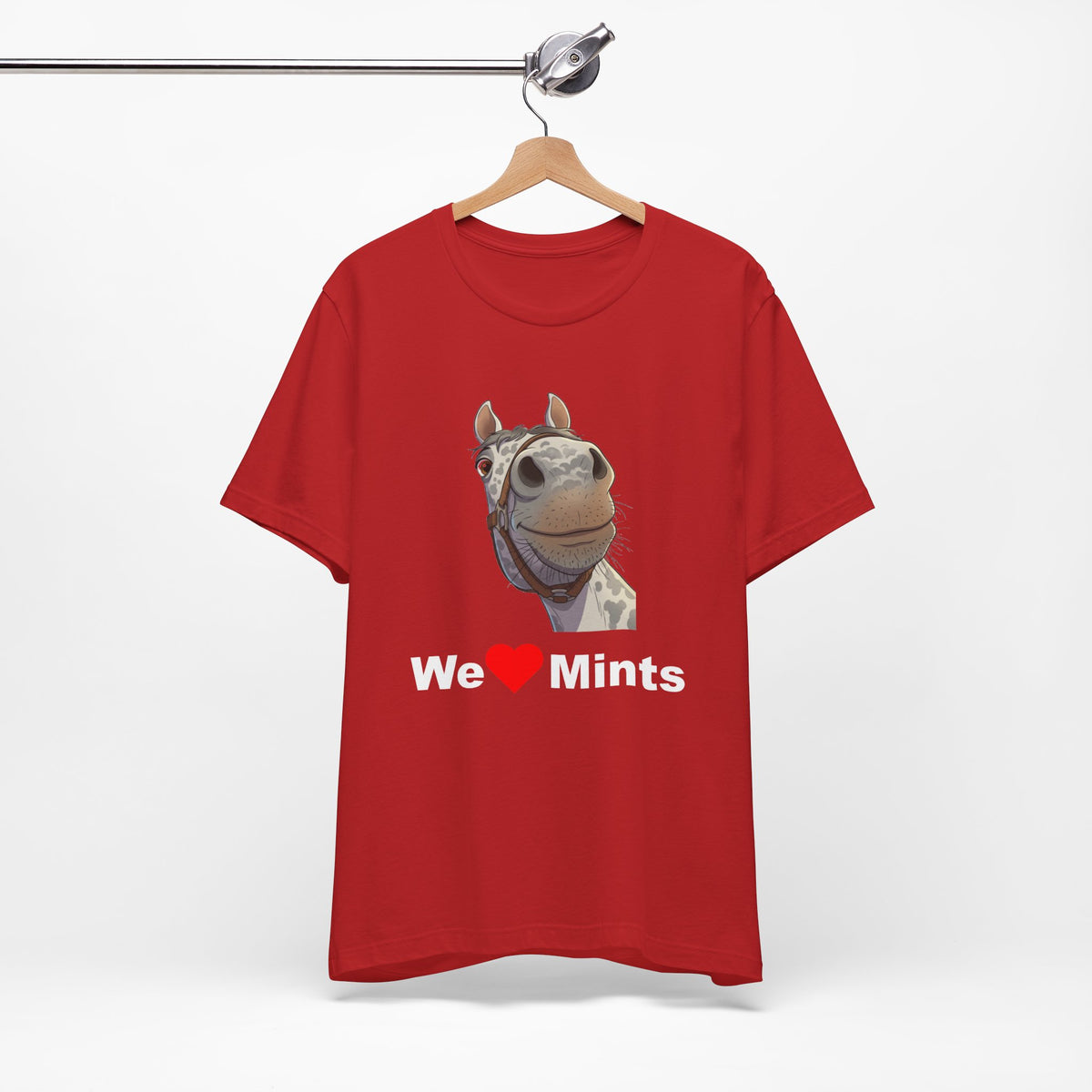A red short-sleeve t-shirt featuring a graphic of a horse's face above the text 'We Love Mints'.