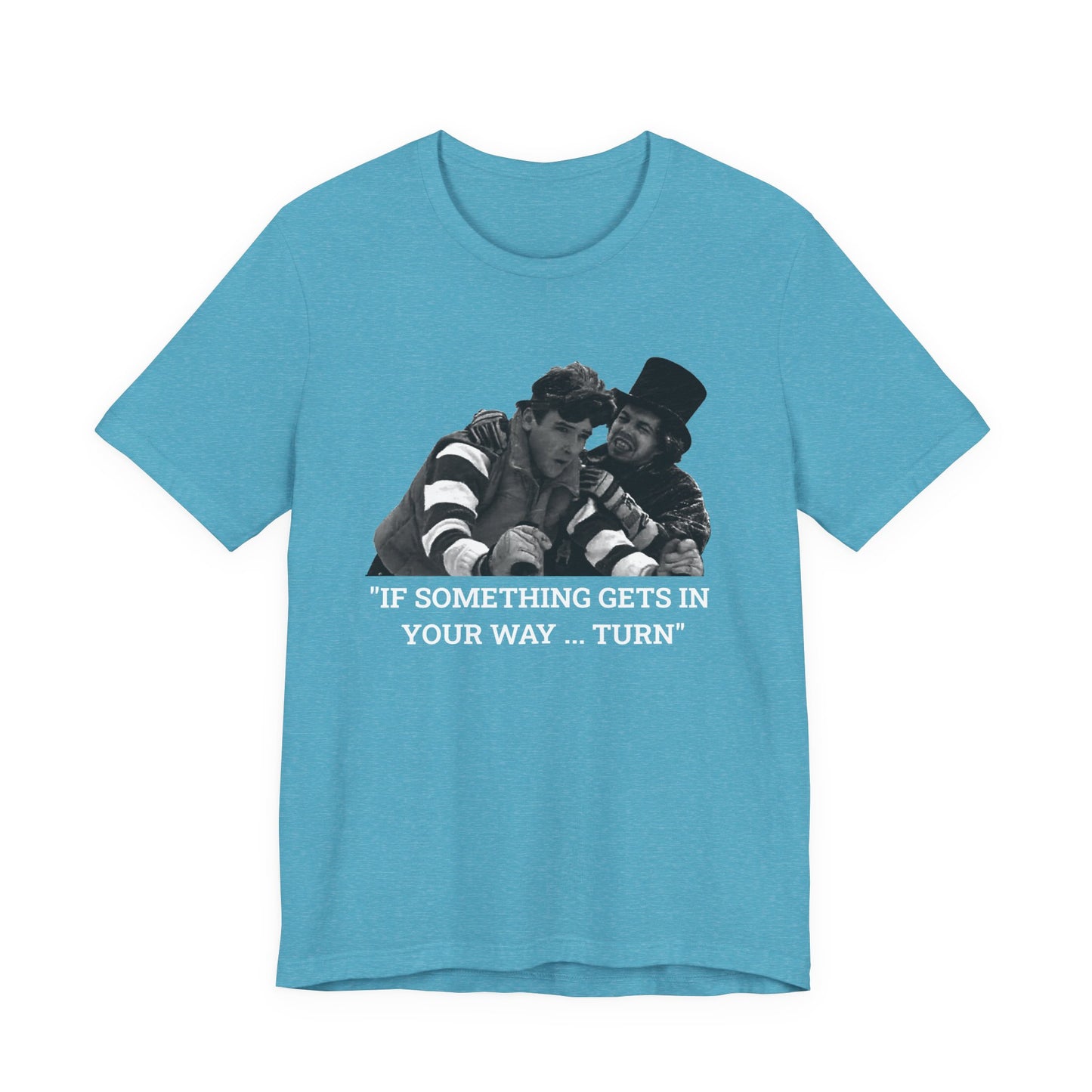 An aqua short-sleeve t-shirt with a graphic from Better Off Dead.