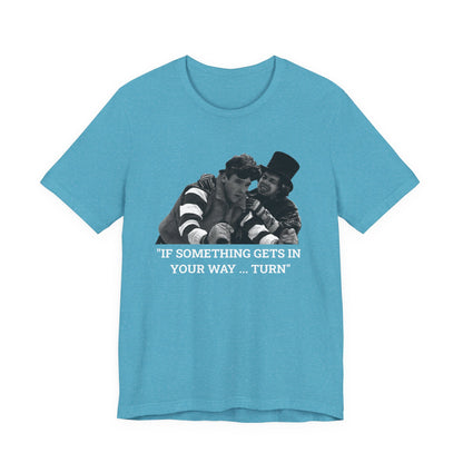 An aqua short-sleeve t-shirt with a graphic from Better Off Dead.