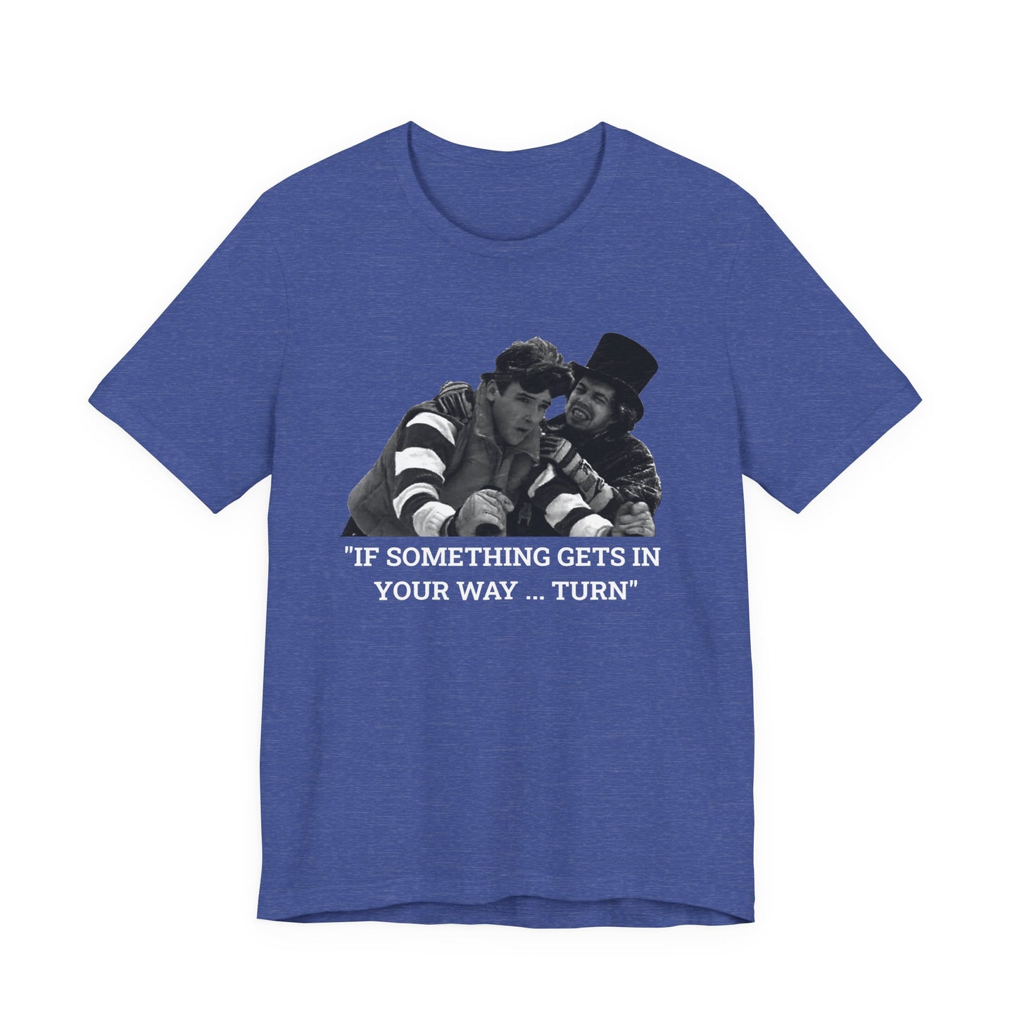 A heather blue short-sleeve t-shirt with a graphic from Better Off Dead.