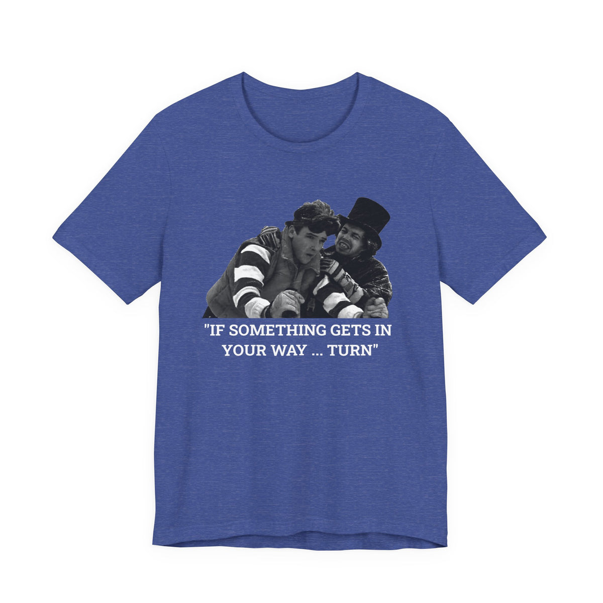 A heather blue short-sleeve t-shirt with a graphic from Better Off Dead.