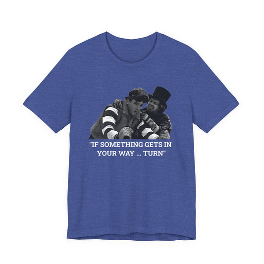 A heather blue short-sleeve t-shirt with a graphic from Better Off Dead.