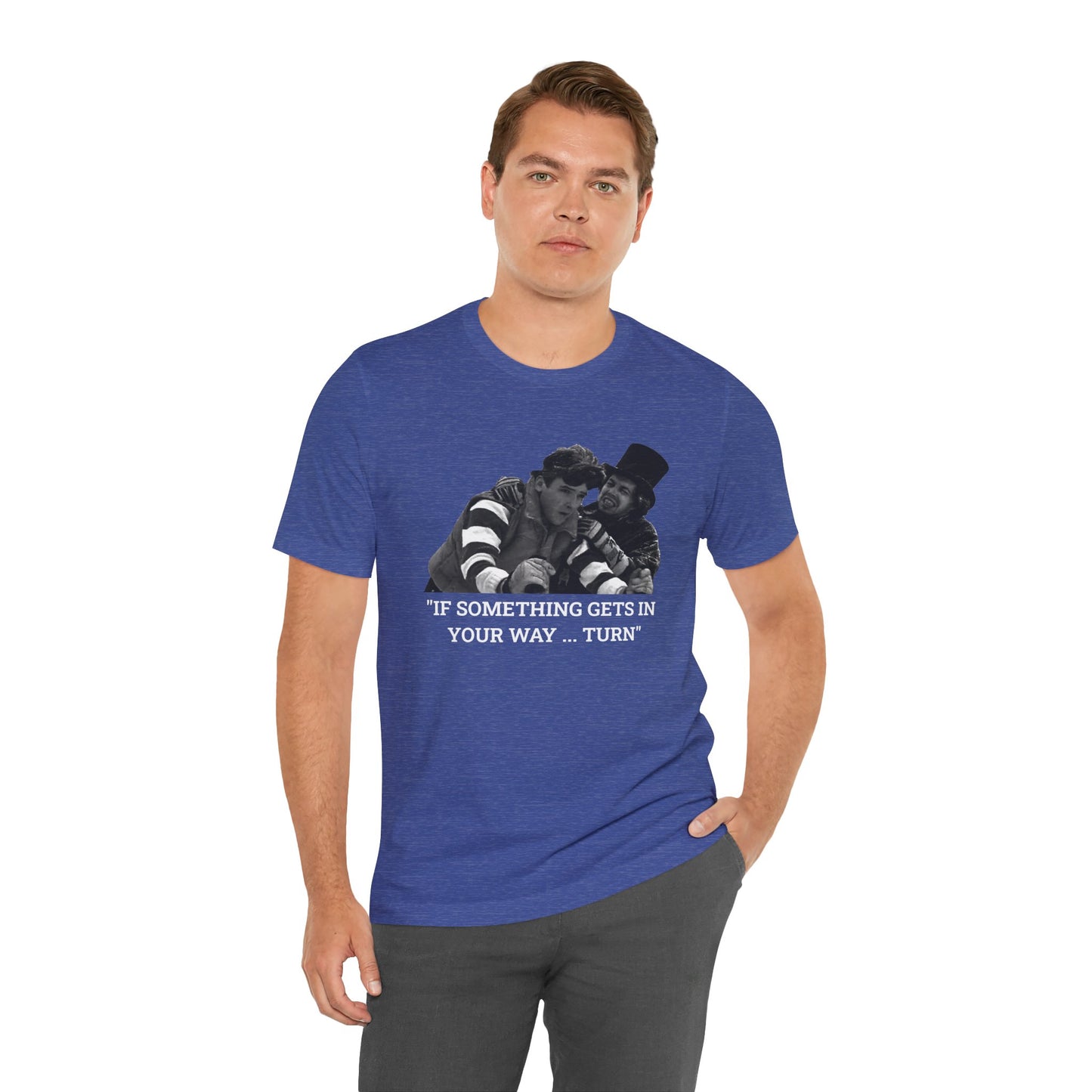 A heather blue short-sleeve t-shirt with a graphic from Better Off Dead.