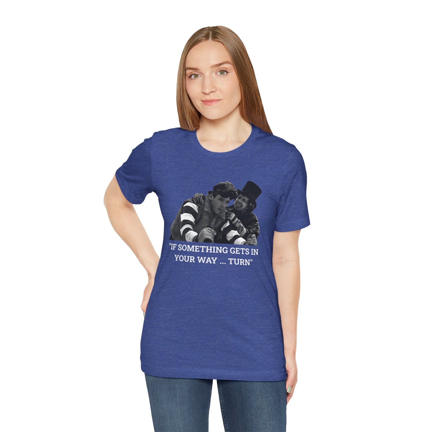 A heather blue short-sleeve t-shirt with a graphic from Better Off Dead.