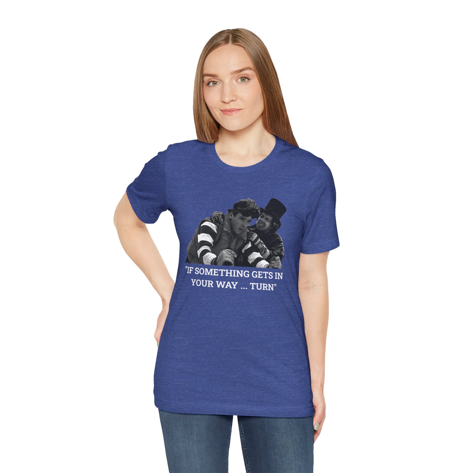A heather blue short-sleeve t-shirt with a graphic from Better Off Dead.