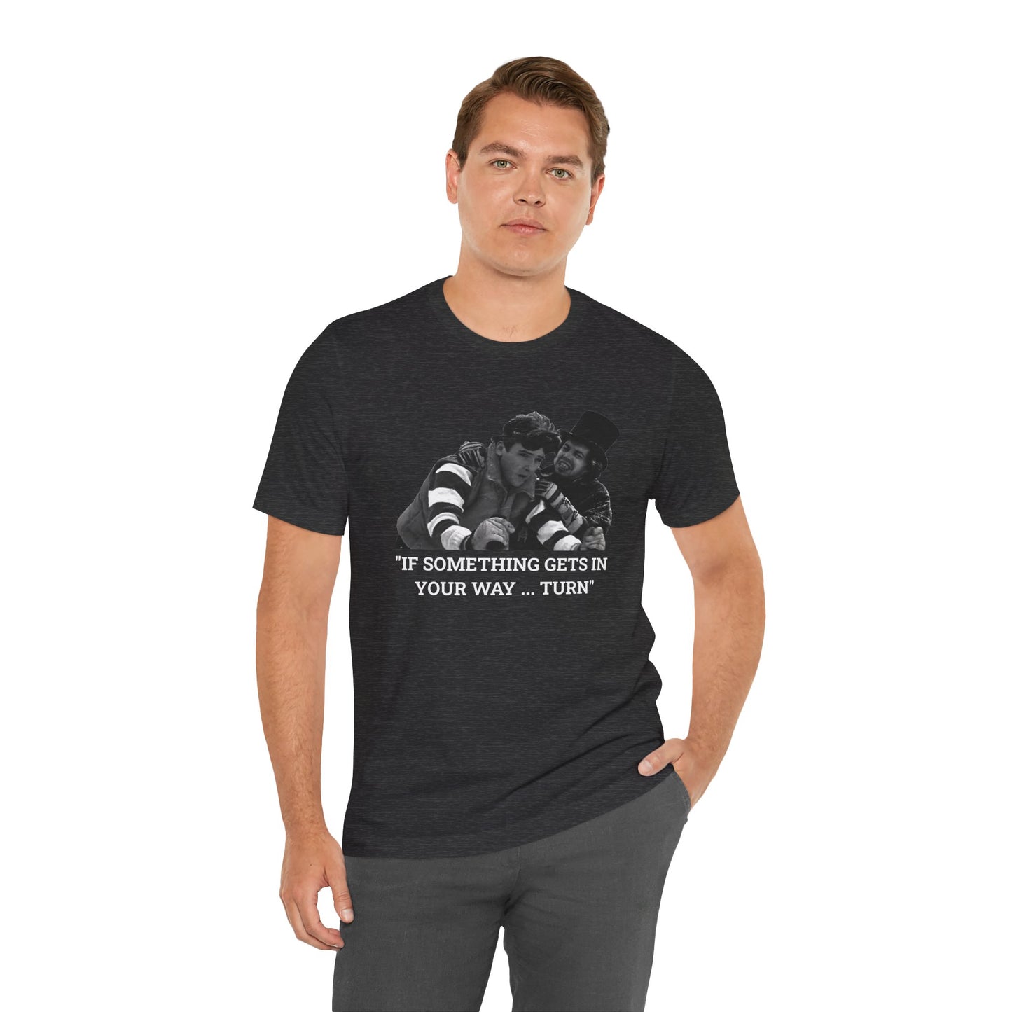 A heather gray short-sleeve t-shirt with a graphic from Better Off Dead.