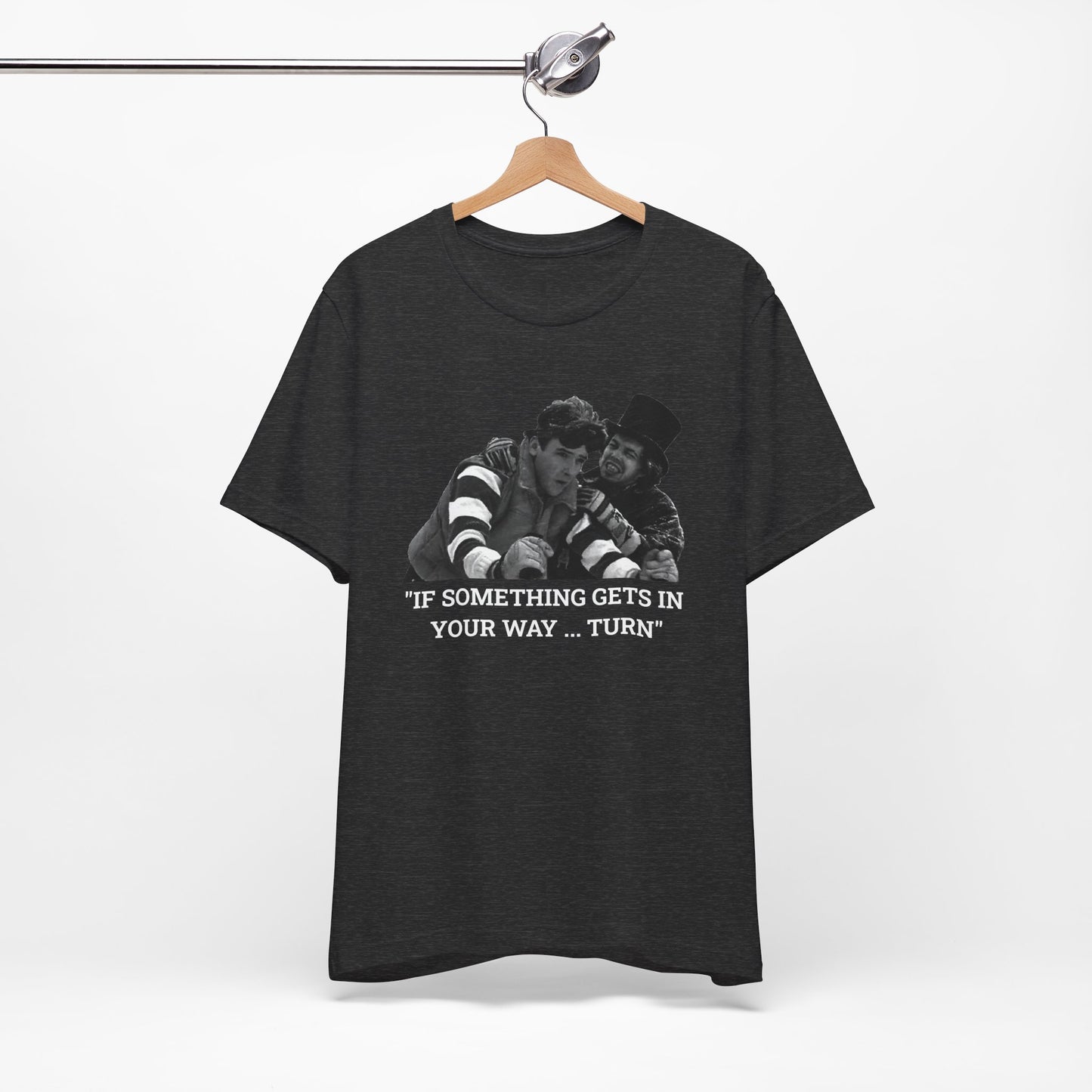 A heather gray short-sleeve t-shirt with a graphic from Better Off Dead.