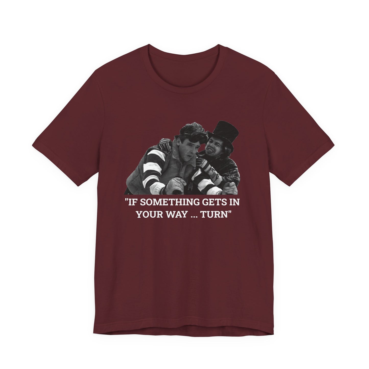 A maroon short-sleeve t-shirt with a graphic from Better Off Dead.