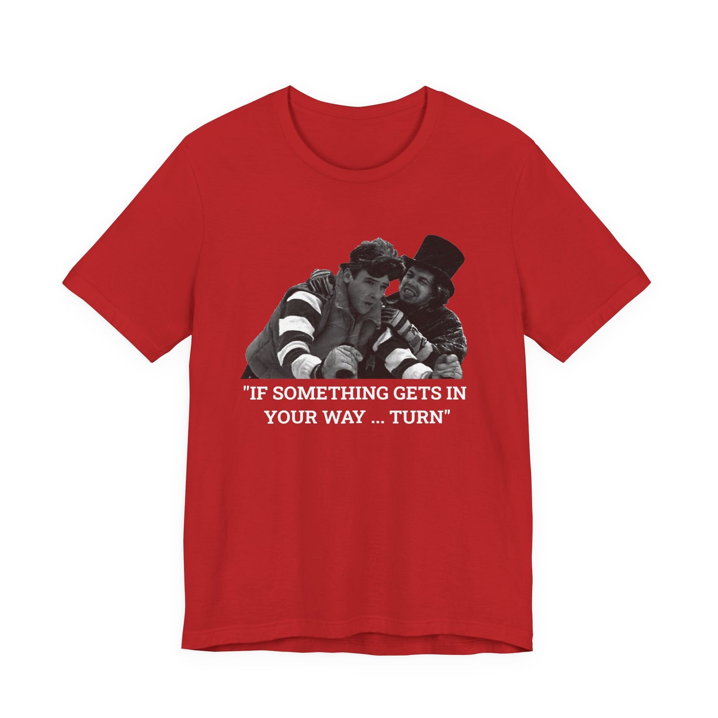 A red short-sleeve t-shirt with a graphic from Better Off Dead.