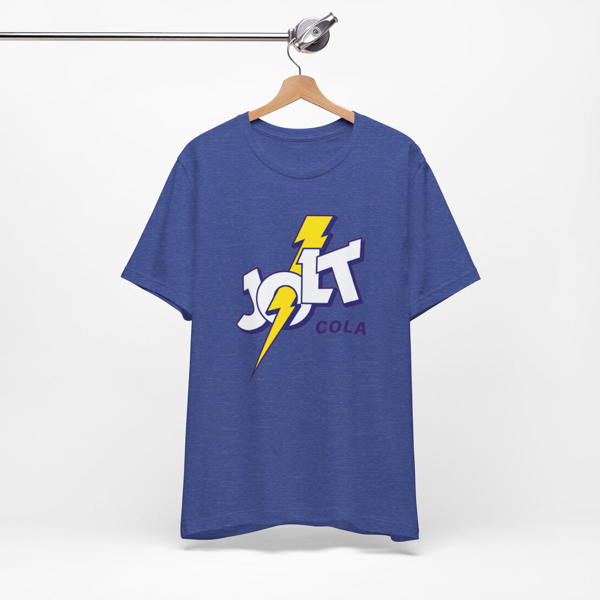 A heather blue short-sleeve crewneck t-shirt featuring a retro-style 'Jolt Cola' logo graphic on the chest with a yellow lightning bolt.