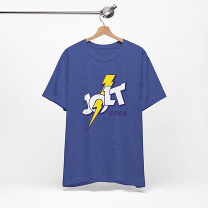 A heather blue short-sleeve crewneck t-shirt featuring a retro-style 'Jolt Cola' logo graphic on the chest with a yellow lightning bolt.
