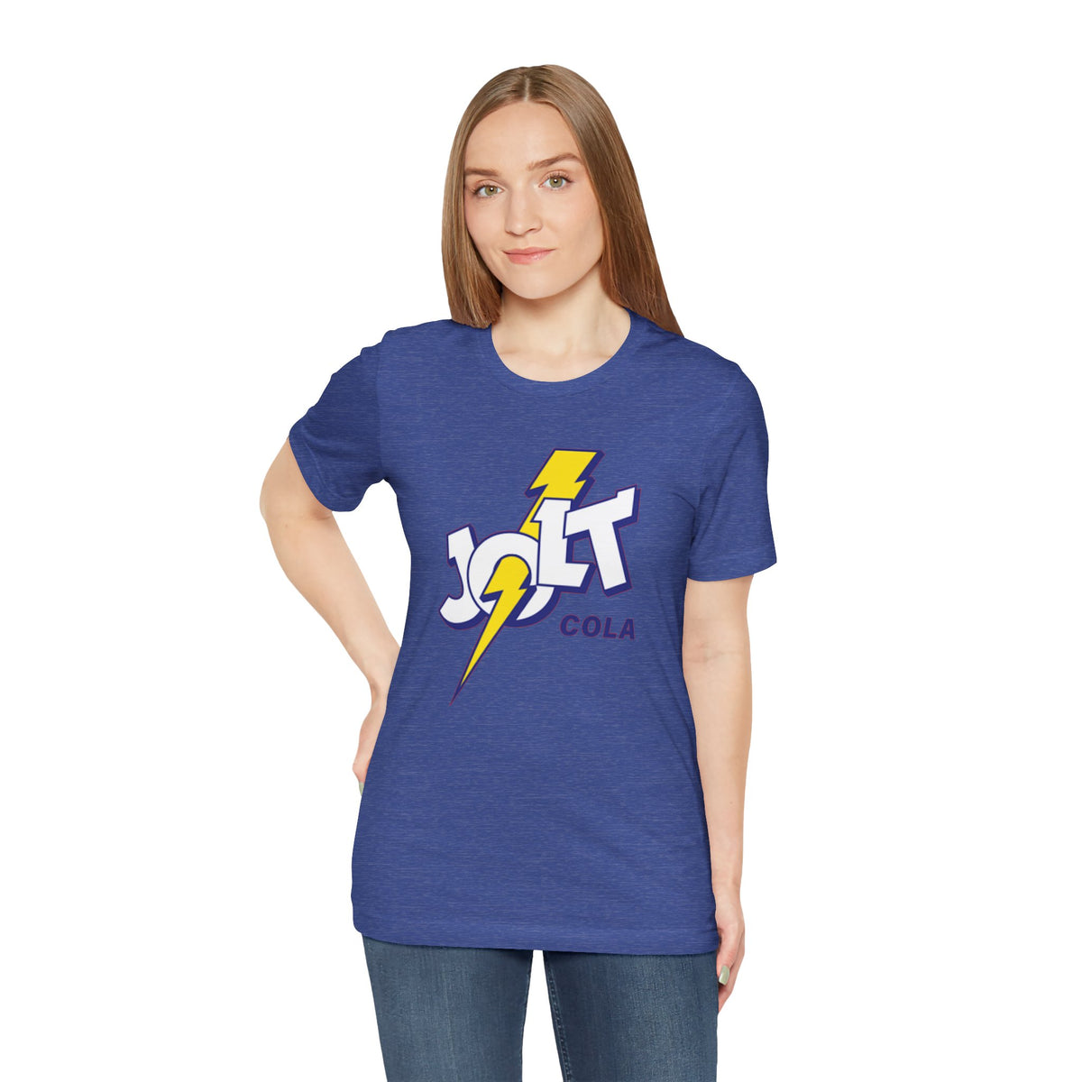 A heather blue short-sleeve crewneck t-shirt featuring a retro-style 'Jolt Cola' logo graphic on the chest with a yellow lightning bolt.
