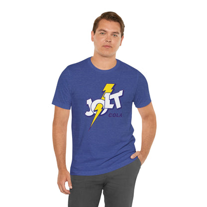 A heather blue short-sleeve crewneck t-shirt featuring a retro-style 'Jolt Cola' logo graphic on the chest with a yellow lightning bolt.