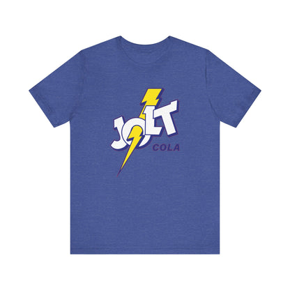 A heather blue short-sleeve crewneck t-shirt featuring a retro-style 'Jolt Cola' logo graphic on the chest with a yellow lightning bolt.
