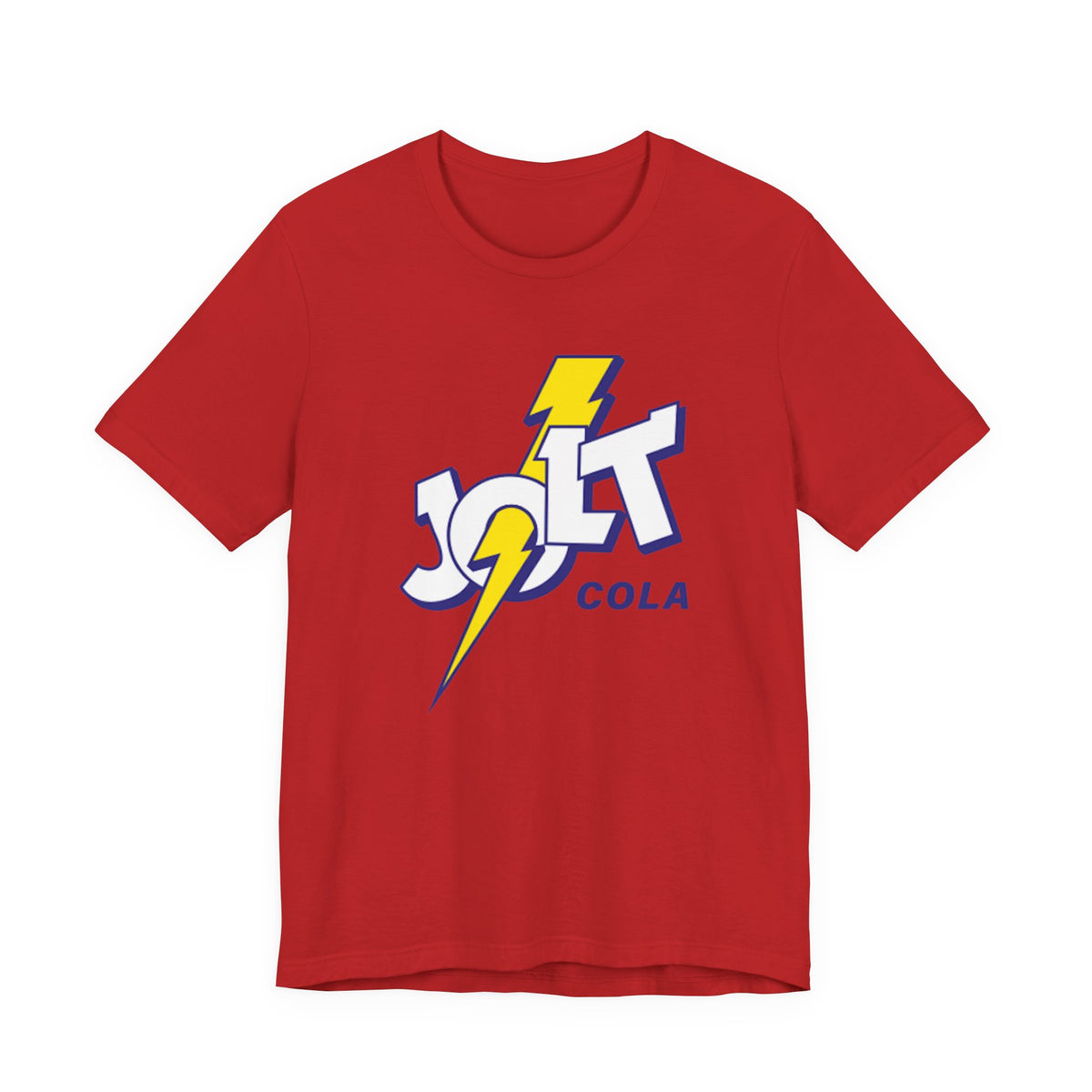 A red short-sleeve crewneck t-shirt featuring a retro-style 'Jolt Cola' logo graphic on the chest with a yellow lightning bolt.
