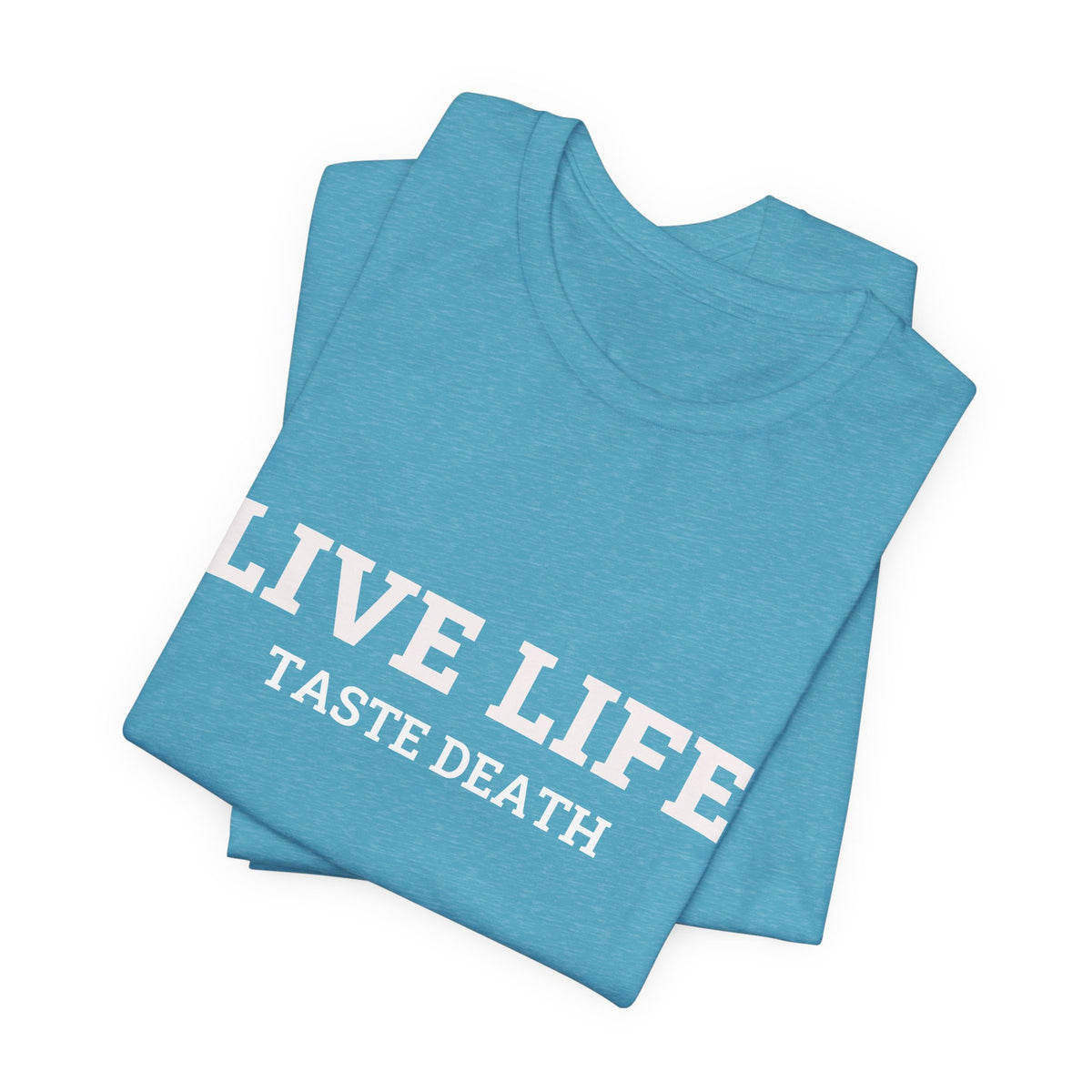 Aqua t-shirt with text quoted from 1990 Movie Ski Patrol, "Live Life Taste Death" in white.