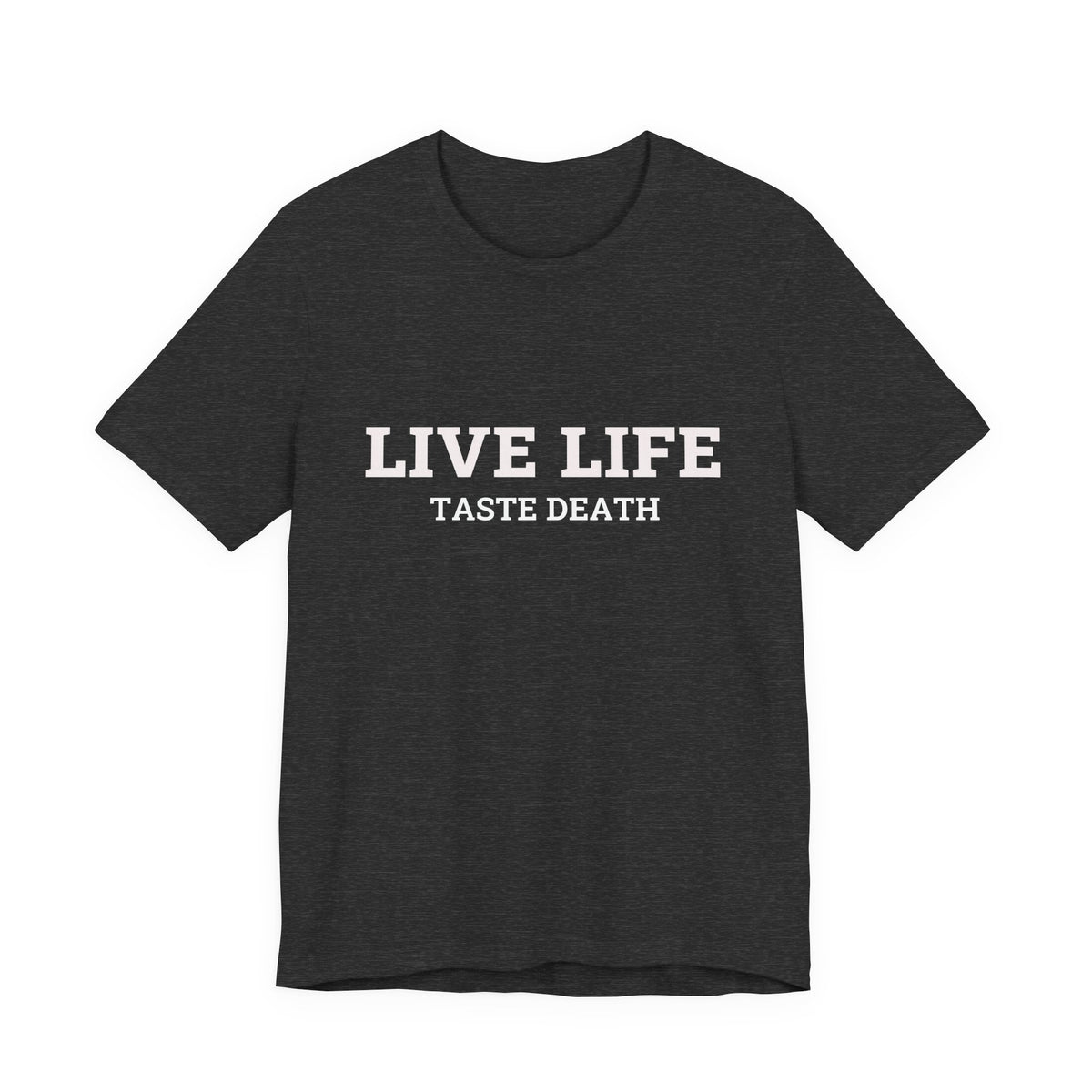 Heather gray t-shirt with text quoted from 1990 Movie Ski Patrol, "Live Life Taste Death" in white.