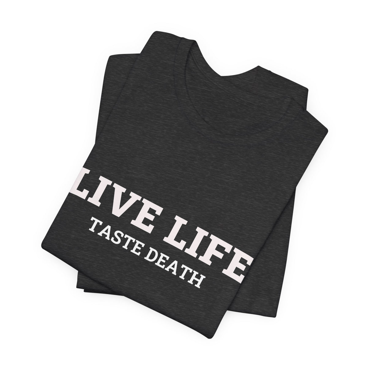 Heather gray t-shirt with text quoted from 1990 Movie Ski Patrol, "Live Life Taste Death" in white.
