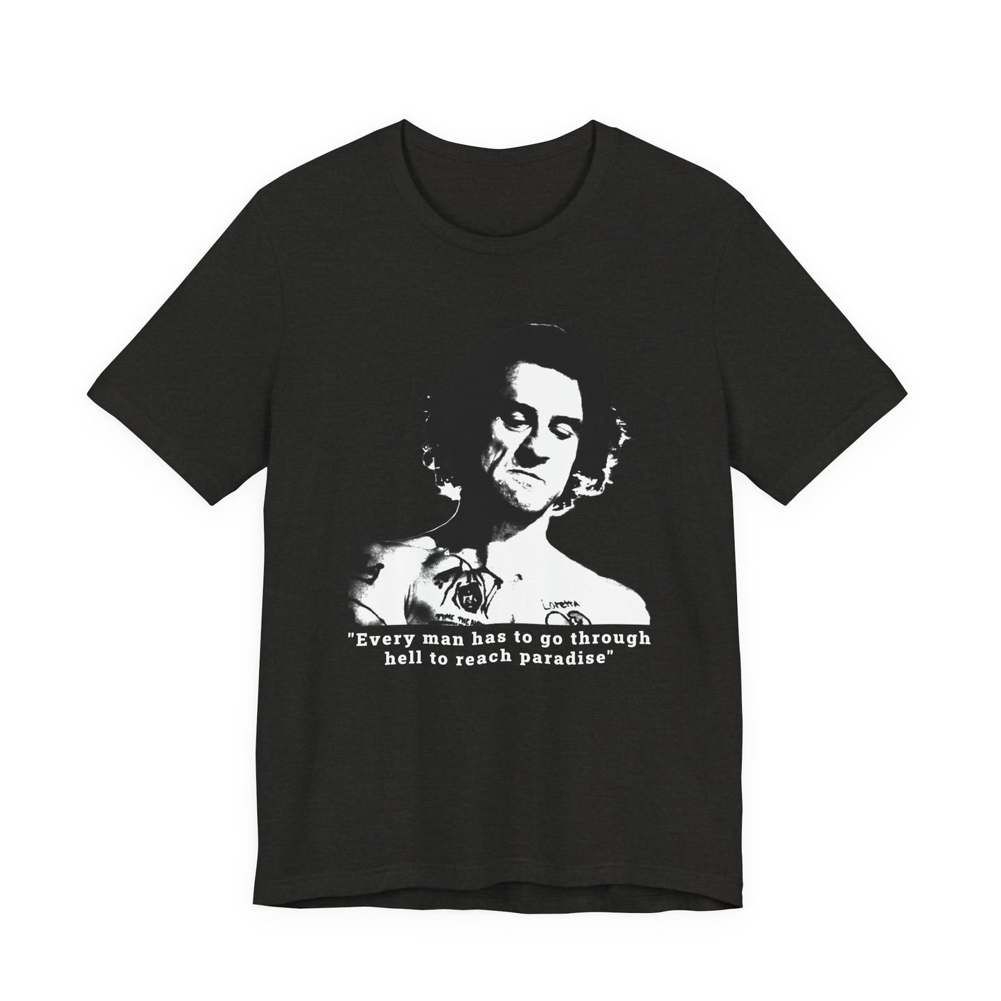 A black short-sleeve crew neck t-shirt featuring Max Cody of Cape Fear.
