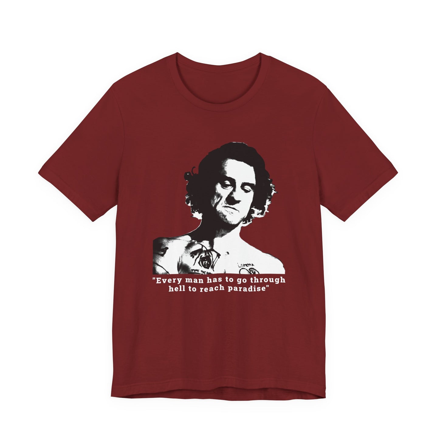 A cardinal red short-sleeve crew neck t-shirt featuring Max Cody of Cape Fear.