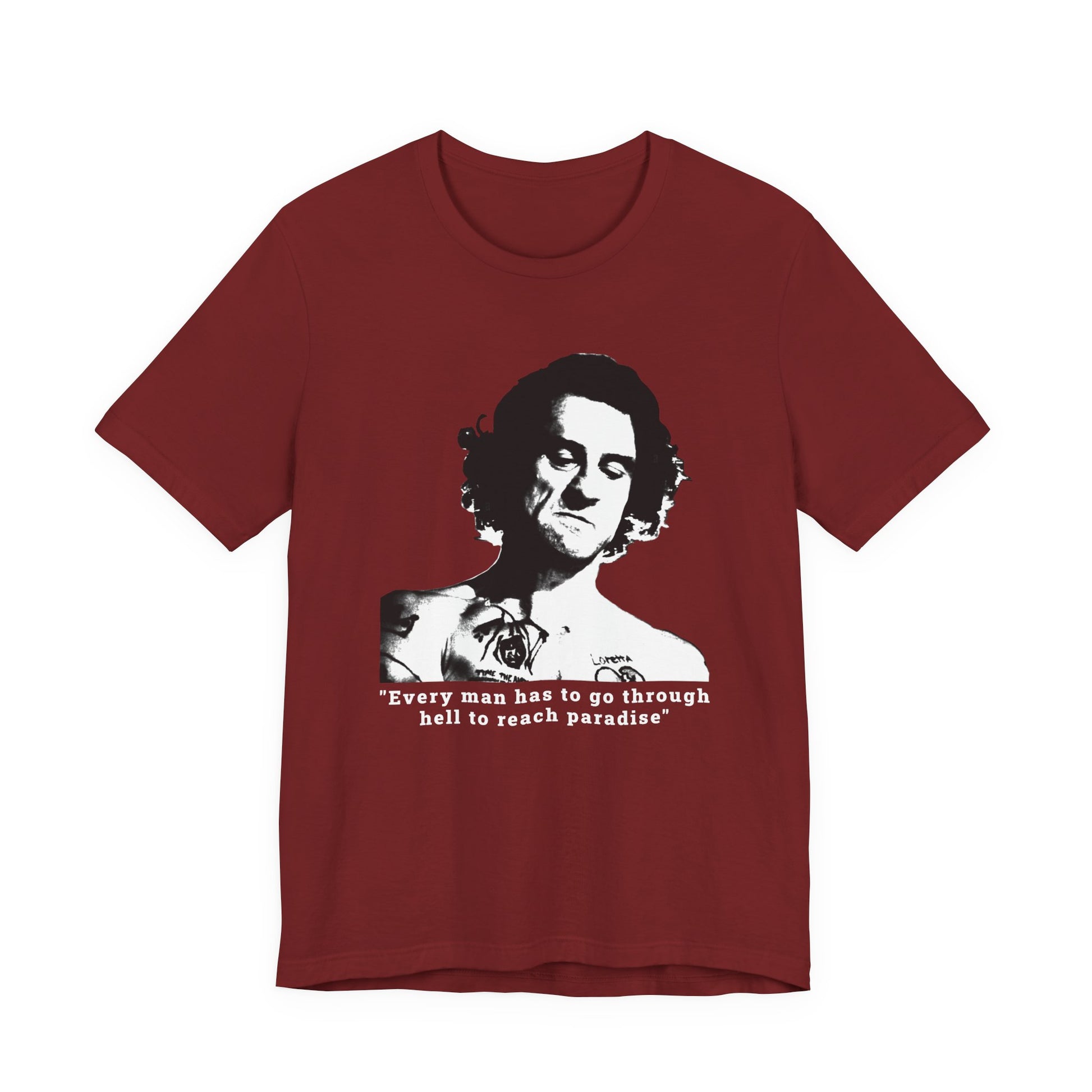 A cardinal red short-sleeve crew neck t-shirt featuring Max Cody of Cape Fear.