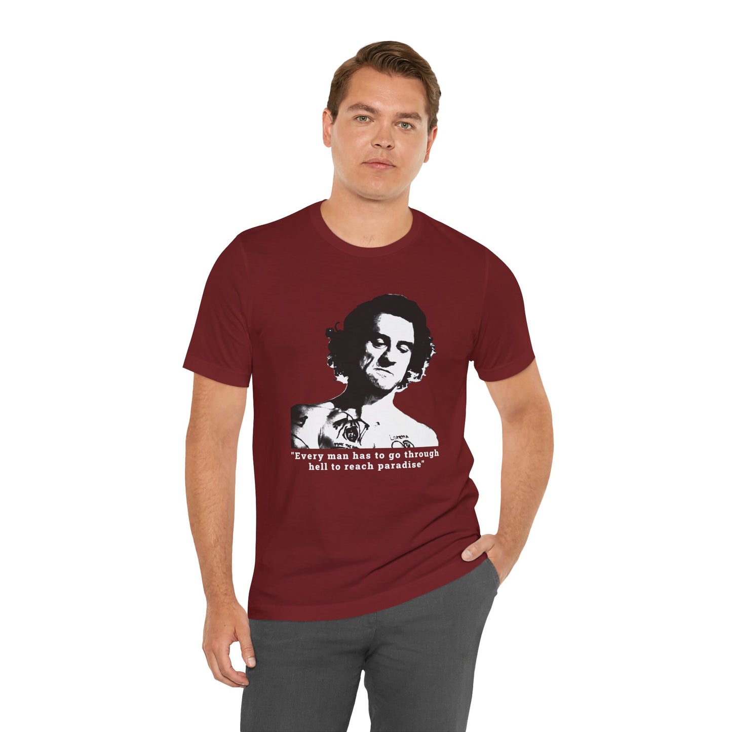 An cardinal red short-sleeve crew neck t-shirt featuring Max Cody of Cape Fear.