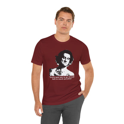 An cardinal red short-sleeve crew neck t-shirt featuring Max Cody of Cape Fear.