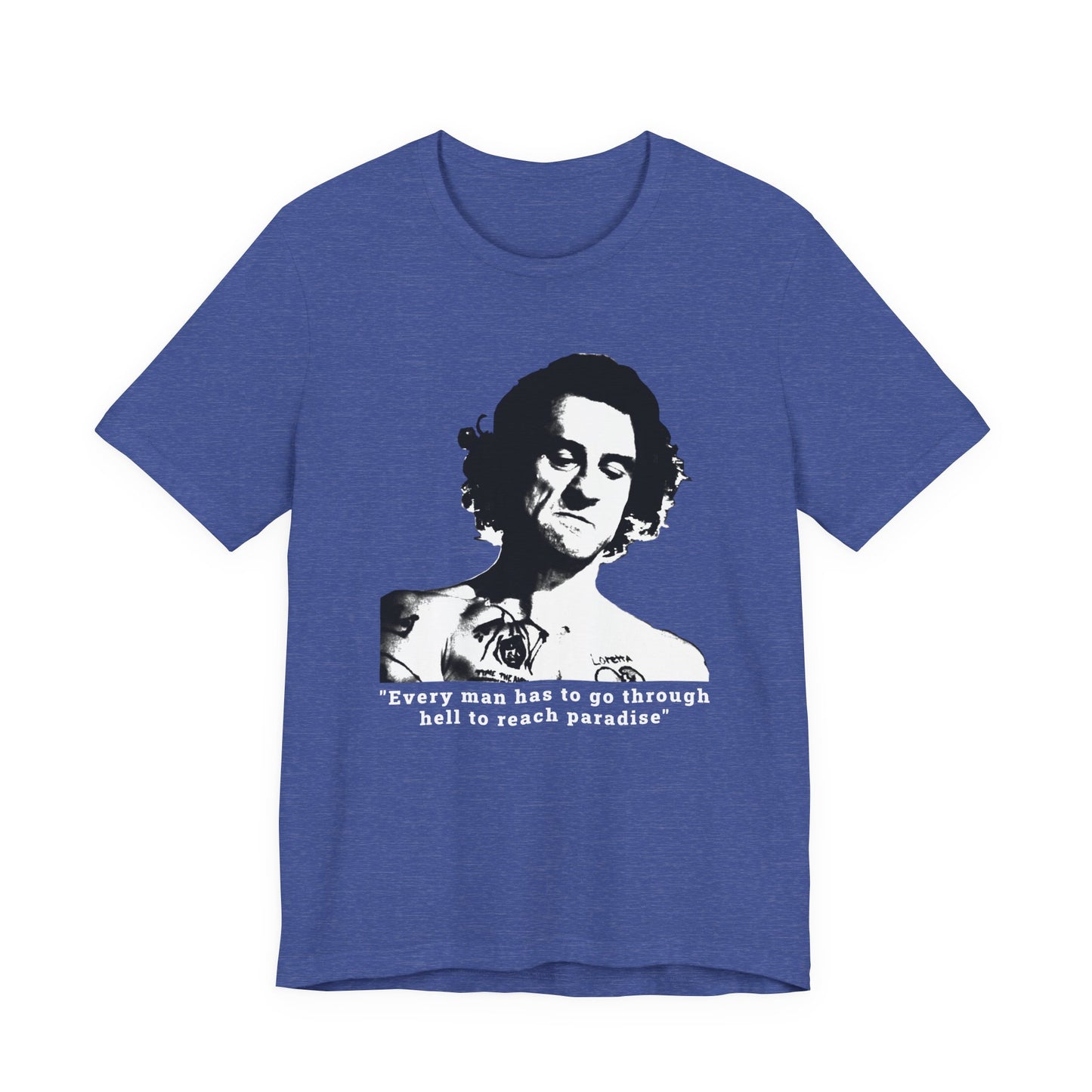 A heather blue short-sleeve crew neck t-shirt featuring Max Cody of Cape Fear.