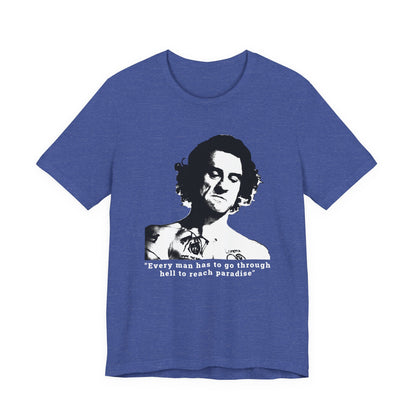 A heather blue short-sleeve crew neck t-shirt featuring Max Cody of Cape Fear.