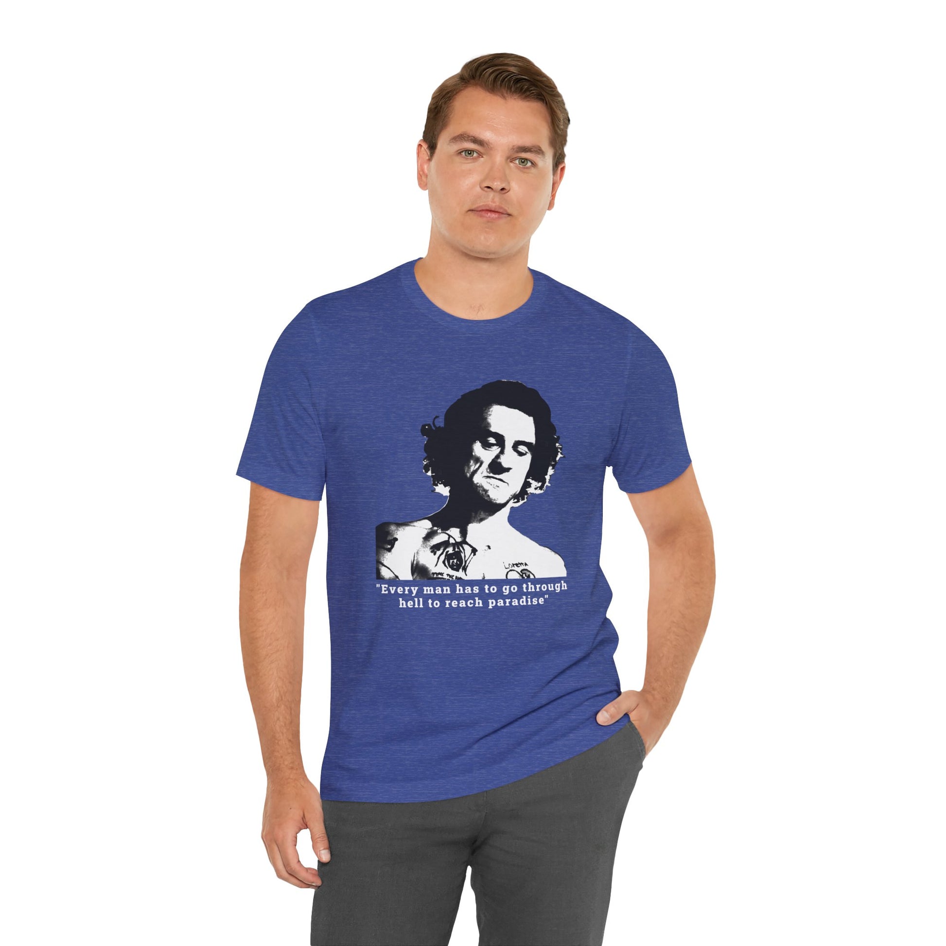 A heather blue short-sleeve crew neck t-shirt featuring Max Cody of Cape Fear.