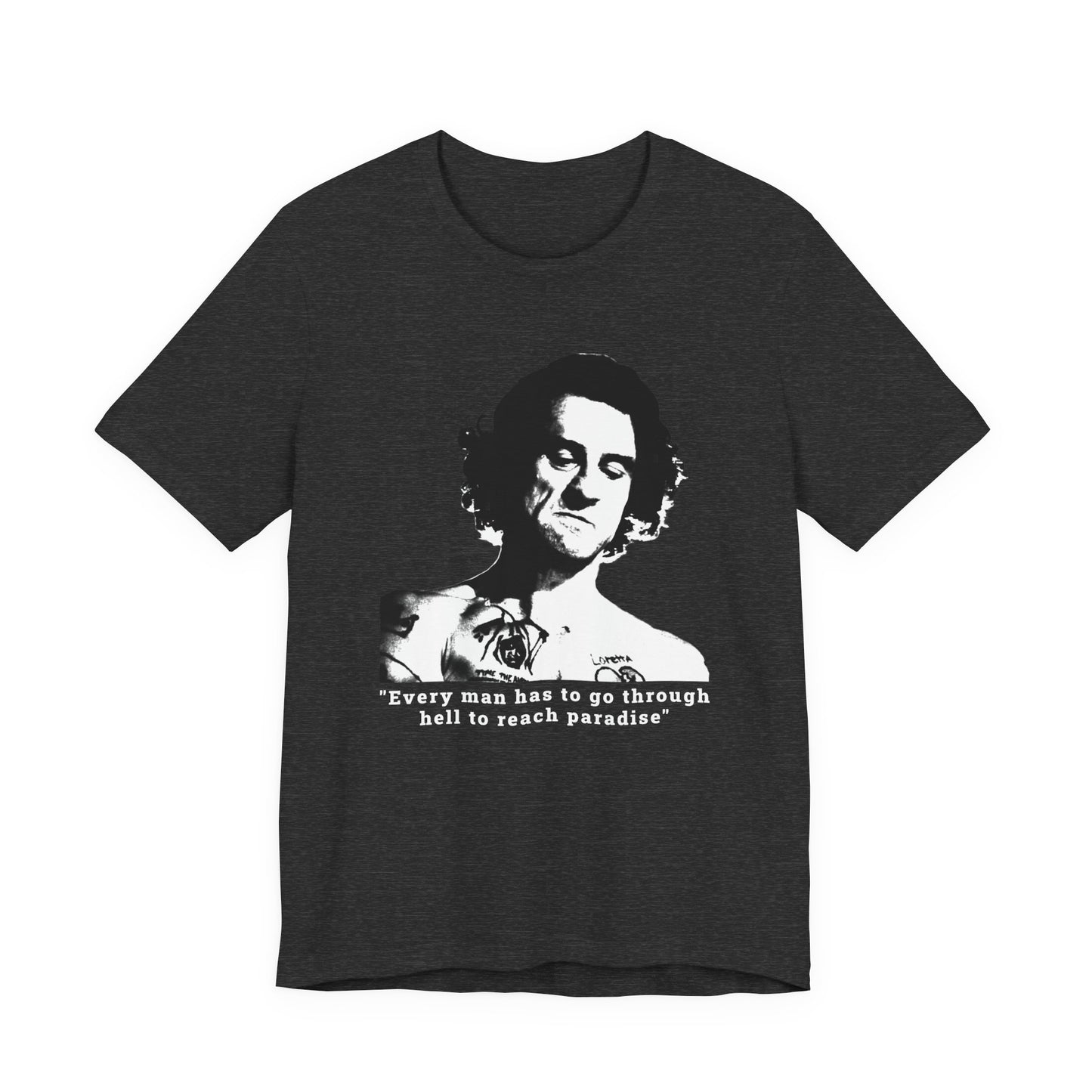 A heather gray short-sleeve crew neck t-shirt featuring Max Cody of Cape Fear.