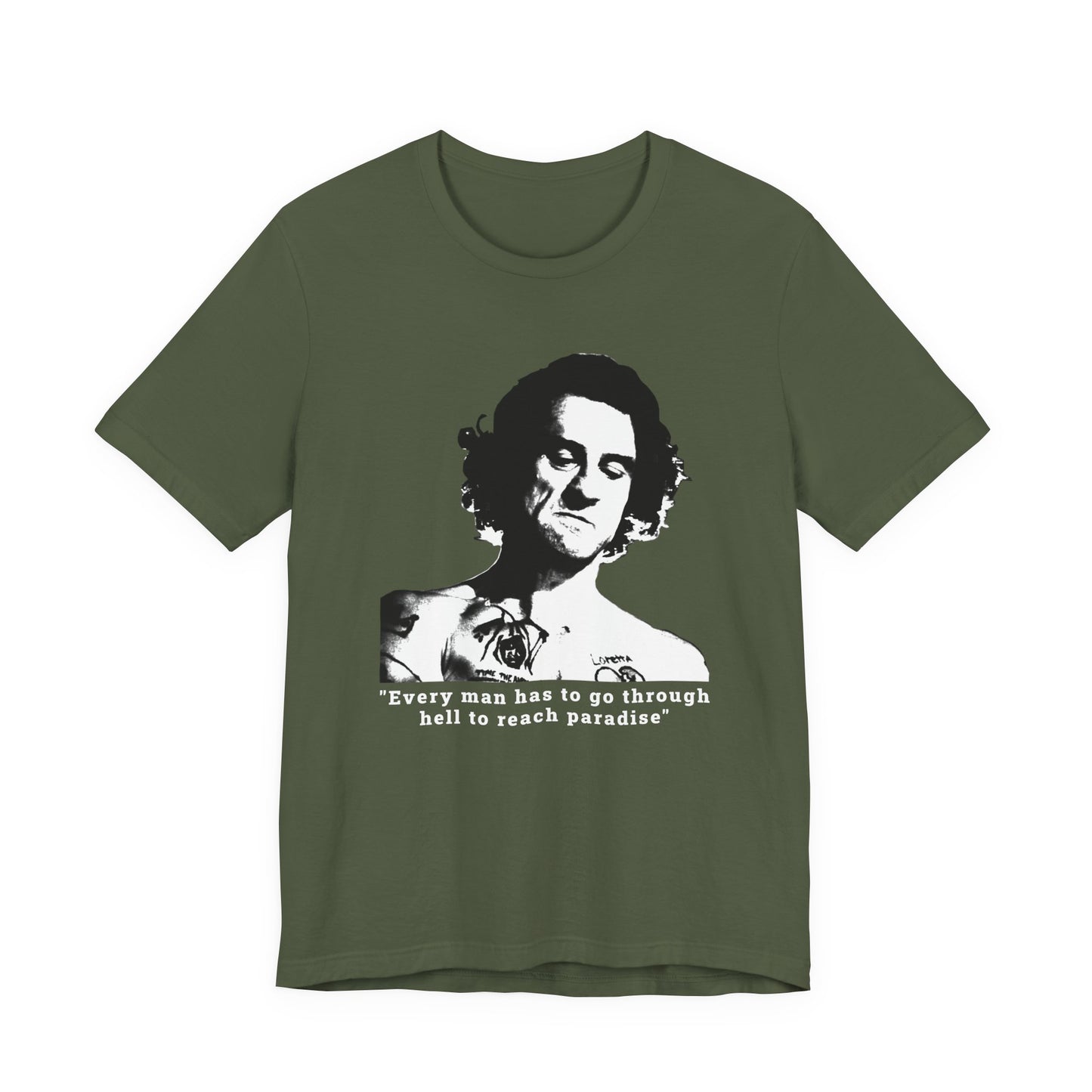 An olive green short-sleeve crew neck t-shirt featuring Max Cody of Cape Fear.