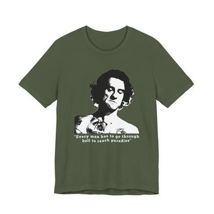 An olive green short-sleeve crew neck t-shirt featuring Max Cody of Cape Fear.