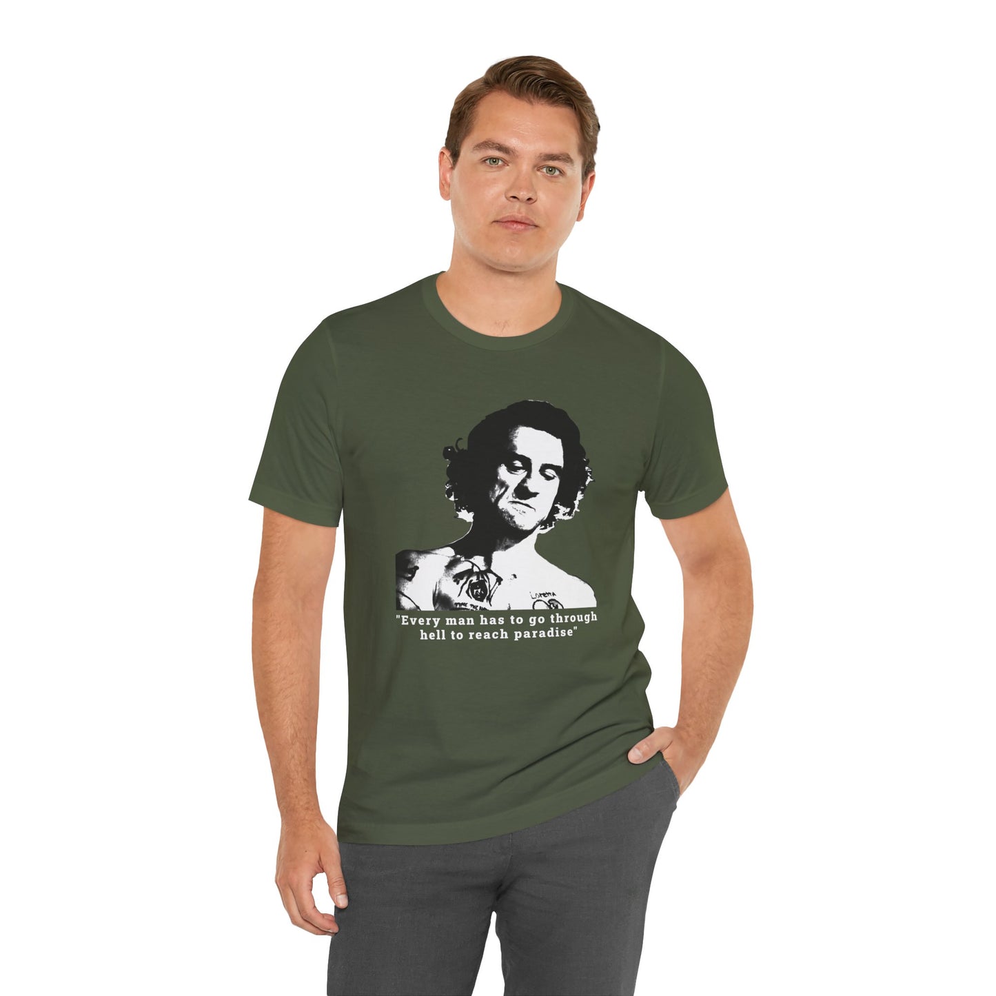 An olive green short-sleeve crew neck t-shirt featuring Max Cody of Cape Fear.