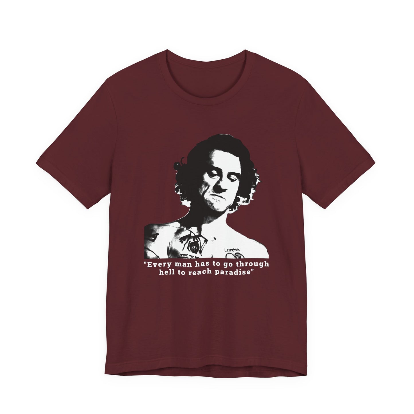 A maroon short-sleeve crew neck t-shirt featuring Max Cody of Cape Fear.