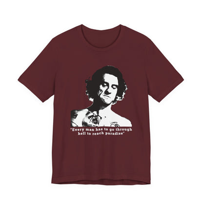 A maroon short-sleeve crew neck t-shirt featuring Max Cody of Cape Fear.