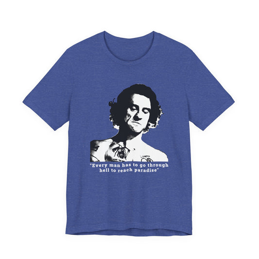 A heather blue short-sleeve crew neck t-shirt featuring Max Cody of Cape Fear.