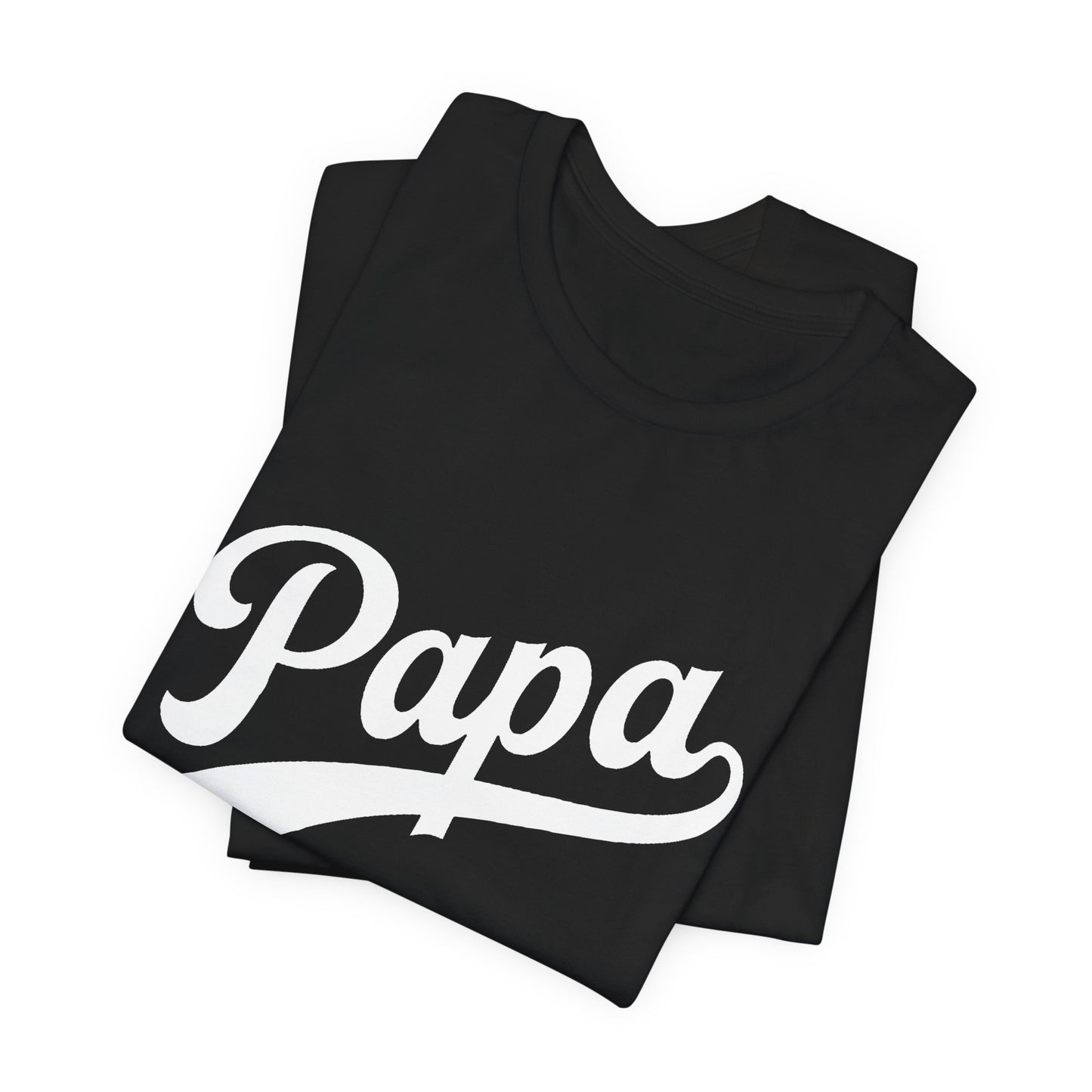 Folded black t-shirt with a graphic of Papa in white.