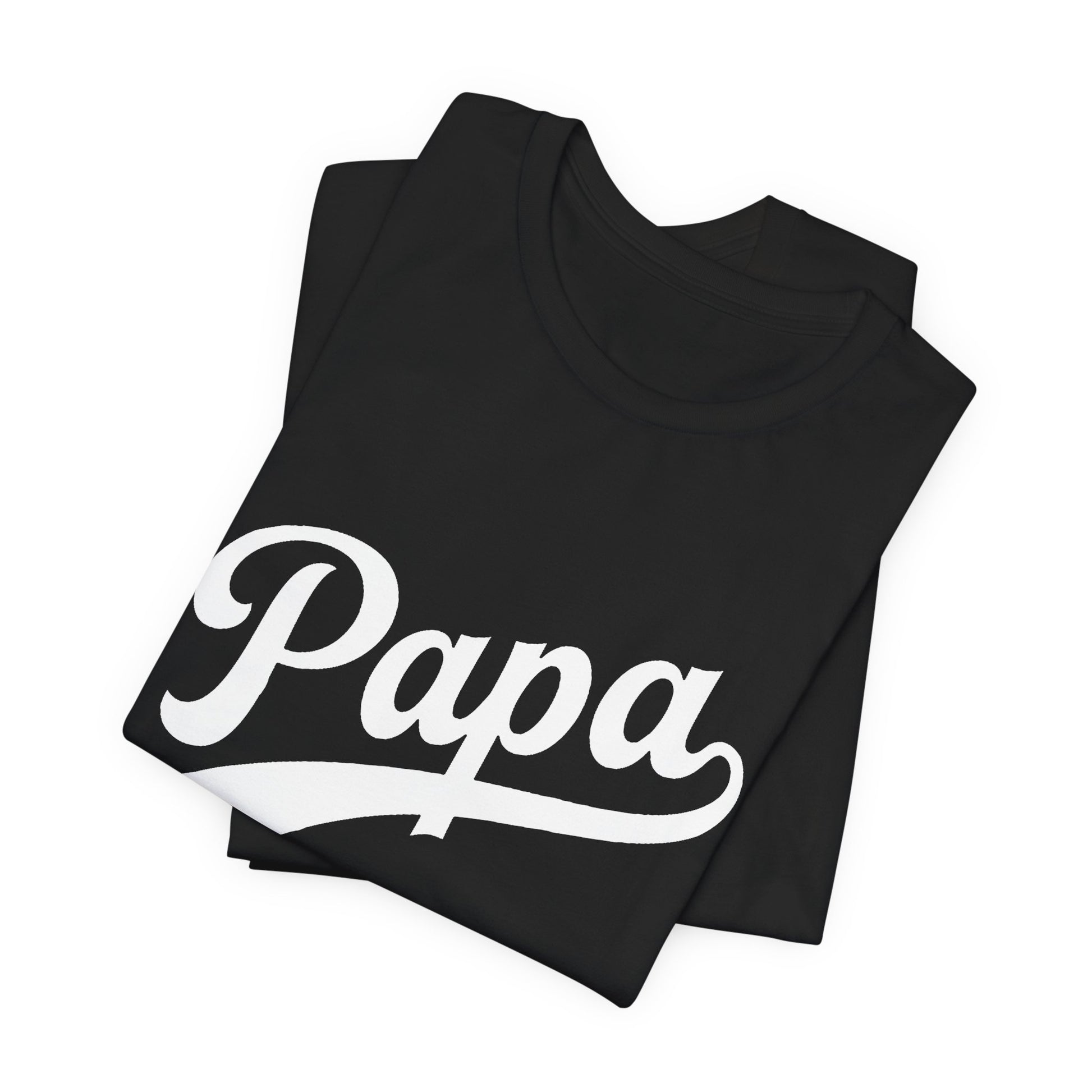 Folded black t-shirt with a graphic of Papa in white.