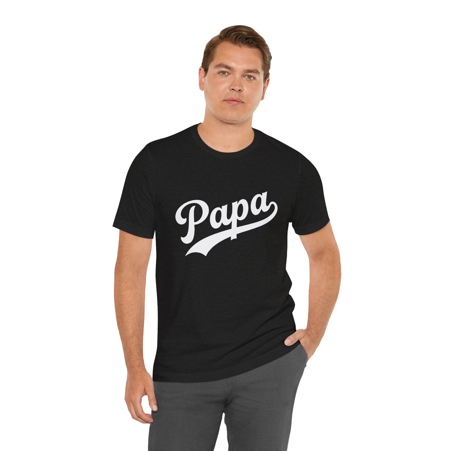 A man wearing a black short-sleeve t-shirt with the word 'Papa' printed in white script across the chest.