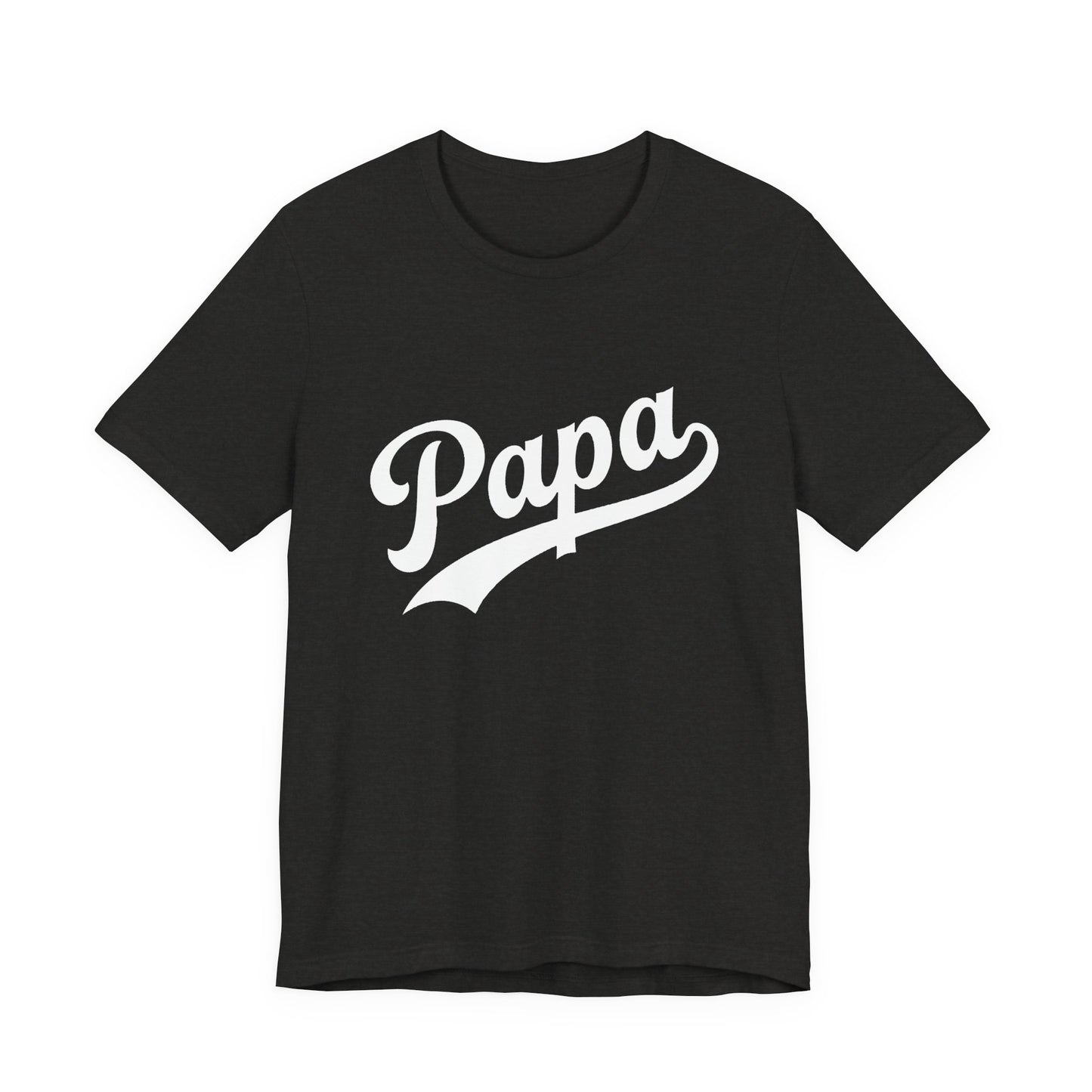Heather black t-shirt with a graphic of Papa in white.